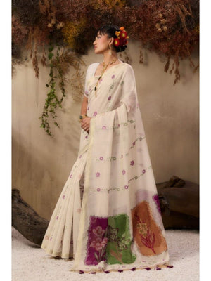 Cream Floral Printed Linen Festive Wear Saree - Image 1