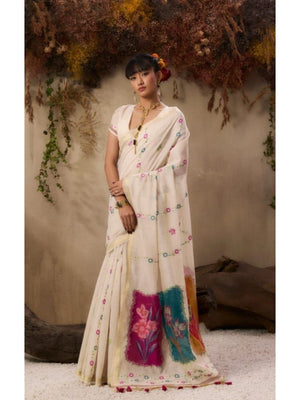 Cream Floral Printed Linen Saree with Soft Natural Fabric and Sophisticated Festive Elegance - Image 1