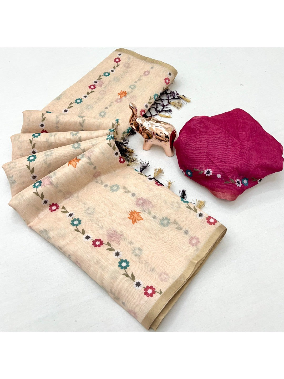 Cream Floral Printed Linen Saree with Soft Natural Fabric and Sophisticated Festive Elegance - Image 3