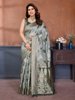 Classic Green Floral Jacquard Zari Weaving Pure Cotton Saree With Traditional Tassels Pallu - Image 1