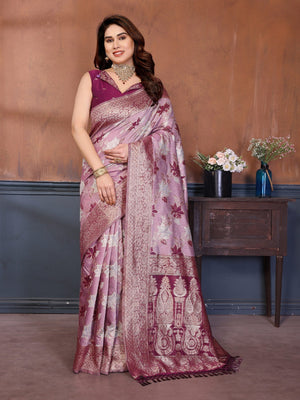 Classic Purple Floral Jacquard Zari Weaving Pure Cotton Saree With Traditional Tassels Pallu - Image 1