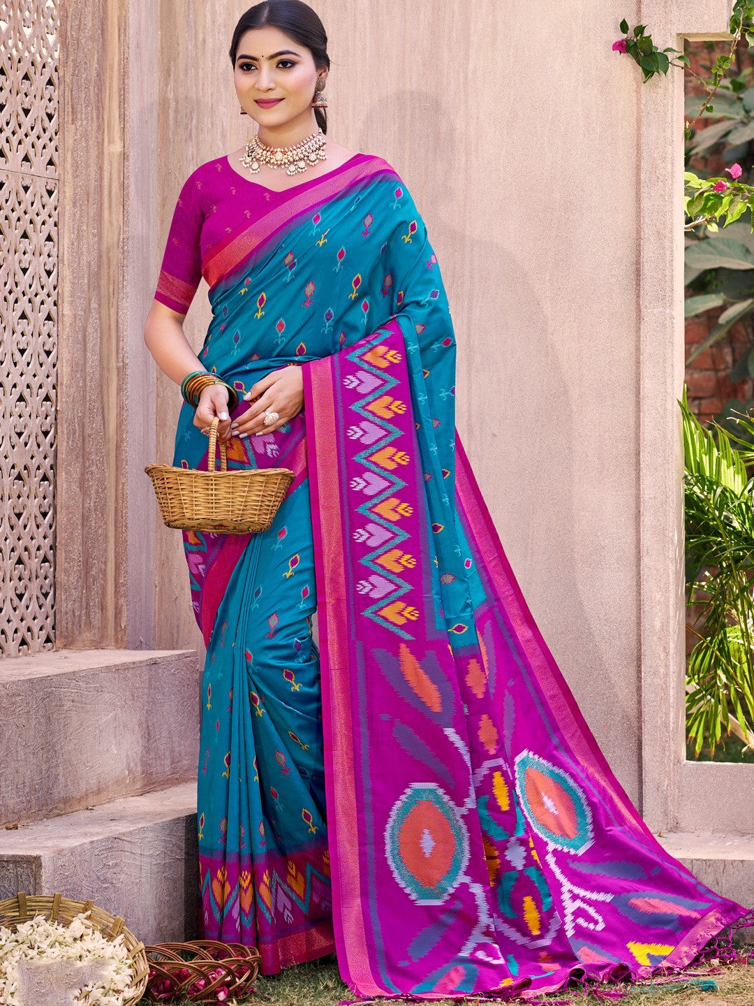 Rama Blue Silk Blend Saree Featuring Classic Ikkat Print and Intricate Woven Design Finish - Image 1