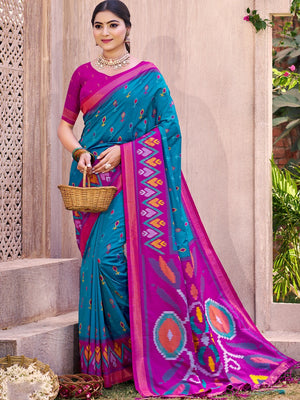 Rama Blue Silk Blend Saree Featuring Classic Ikkat Print and Intricate Woven Design Finish - Image 1