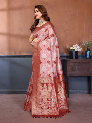 Classic Maroon Floral Jacquard Zari Weaving Pure Cotton Saree With Traditional Tassels Pallu - Image 2