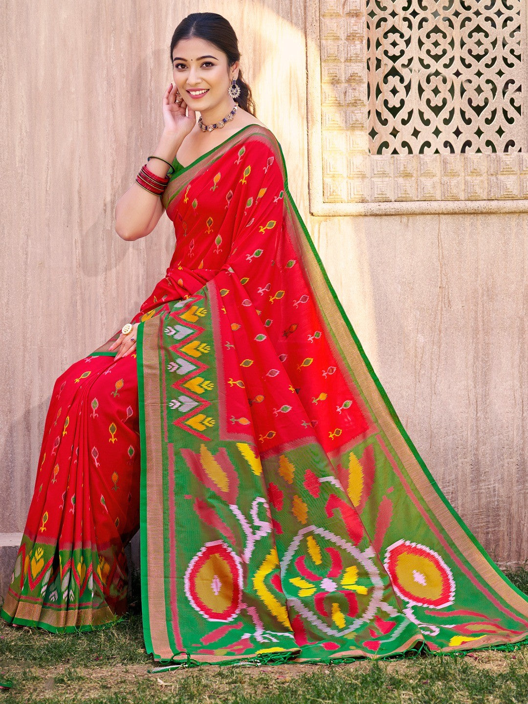 Red Silk Blend Saree Featuring Classic Ikkat Print and Intricate Woven Design Finish - Image 1