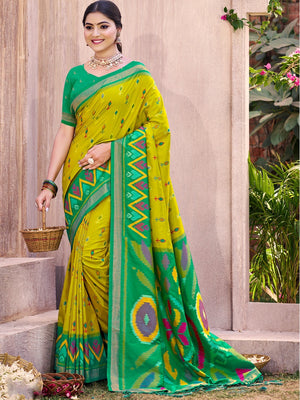 Light Green Silk Blend Saree Featuring Classic Ikkat Print and Intricate Woven Design Finish - Image 1