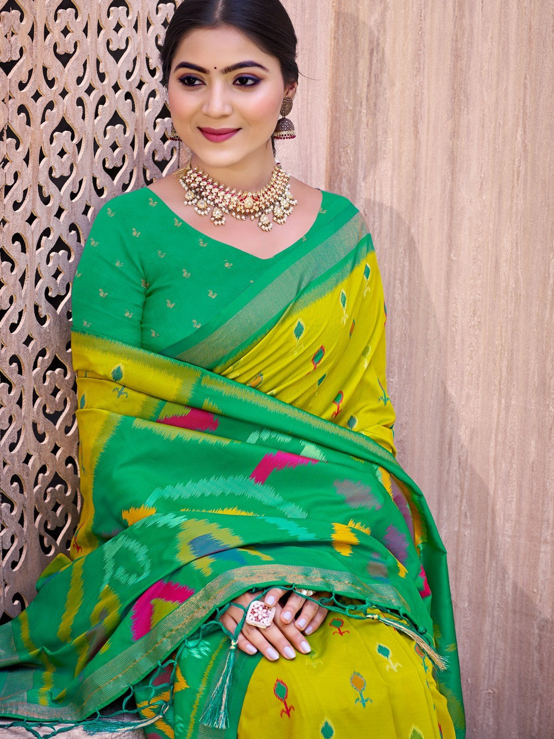 Light Green Silk Blend Saree Featuring Classic Ikkat Print and Intricate Woven Design Finish - Image 2