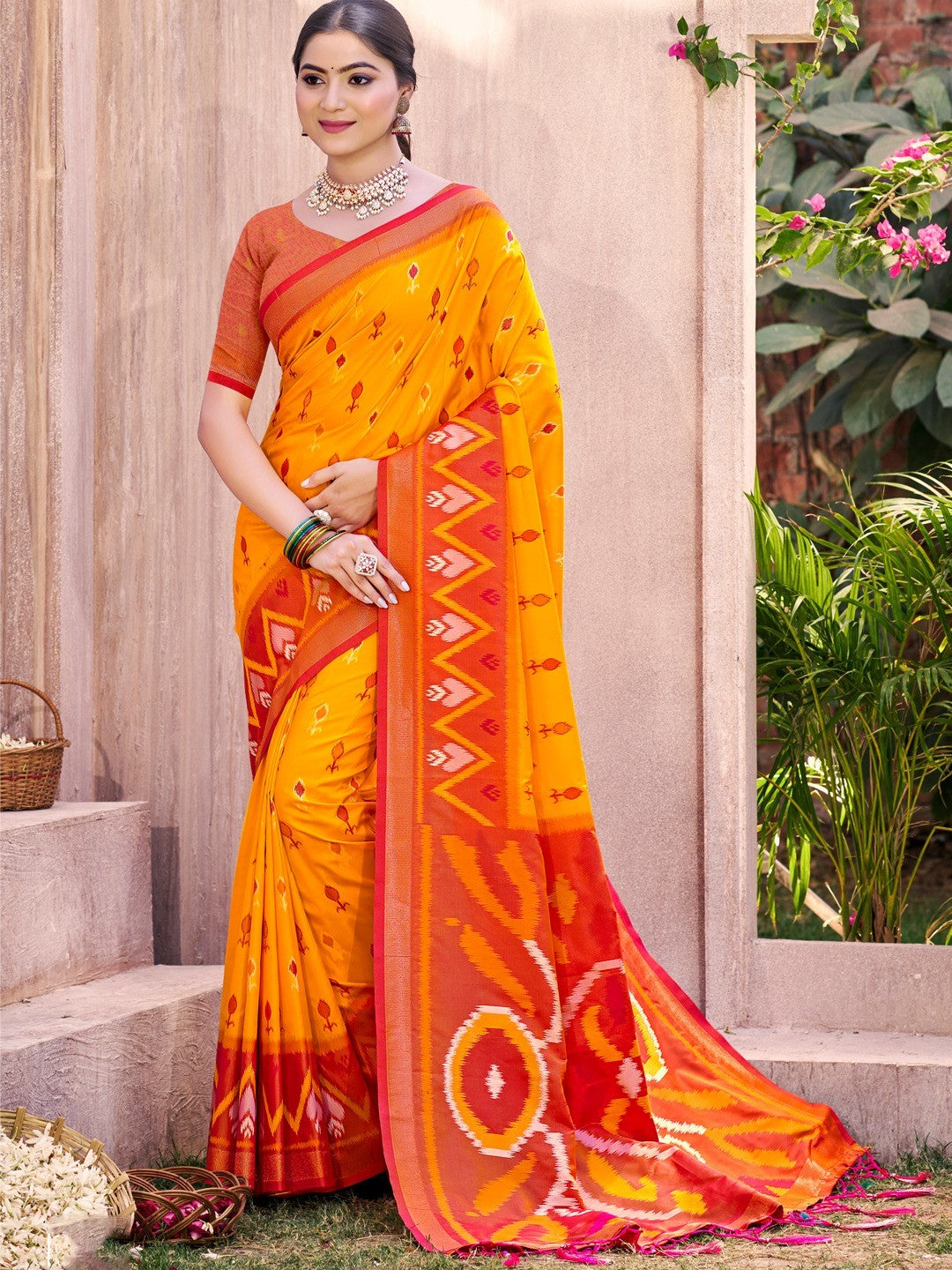 Yellow Silk Blend Saree Featuring Classic Ikkat Print and Intricate Woven Design Finish - Image 1