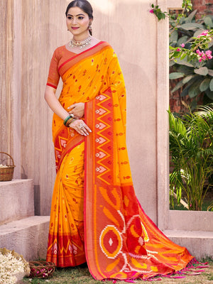 Yellow Silk Blend Saree Featuring Classic Ikkat Print and Intricate Woven Design Finish - Image 1