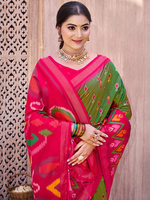 Mehendi Green Silk Blend Saree Featuring Classic Ikkat Print and Intricate Woven Design Finish - Image 2