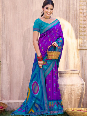 Purple Silk Blend Saree Featuring Classic Ikkat Print and Intricate Woven Design Finish - Image 1