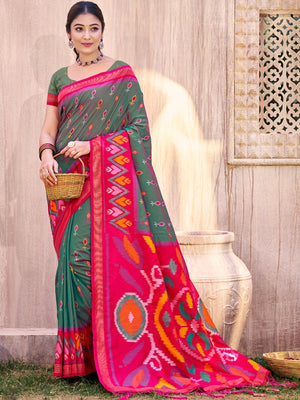 Grey Silk Blend Saree Featuring Classic Ikkat Print and Intricate Woven Design Finish - Image 1