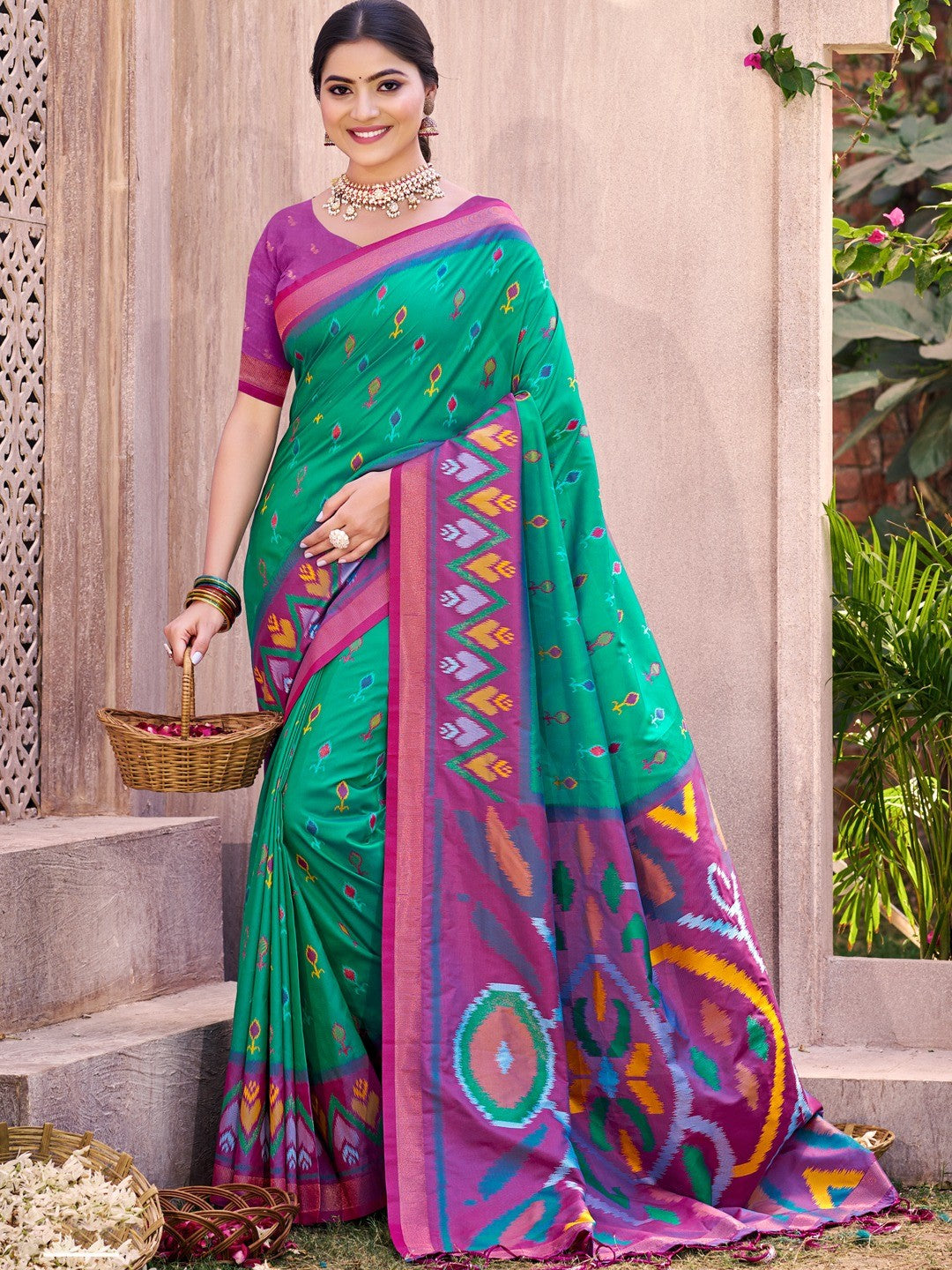 Rama Green Silk Blend Saree Featuring Classic Ikkat Print and Intricate Woven Design Finish - Image 1