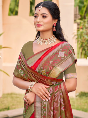 Red Silk Blend Saree Featuring Classic Ikkat Print and Intricate Woven Design Finish - Image 2