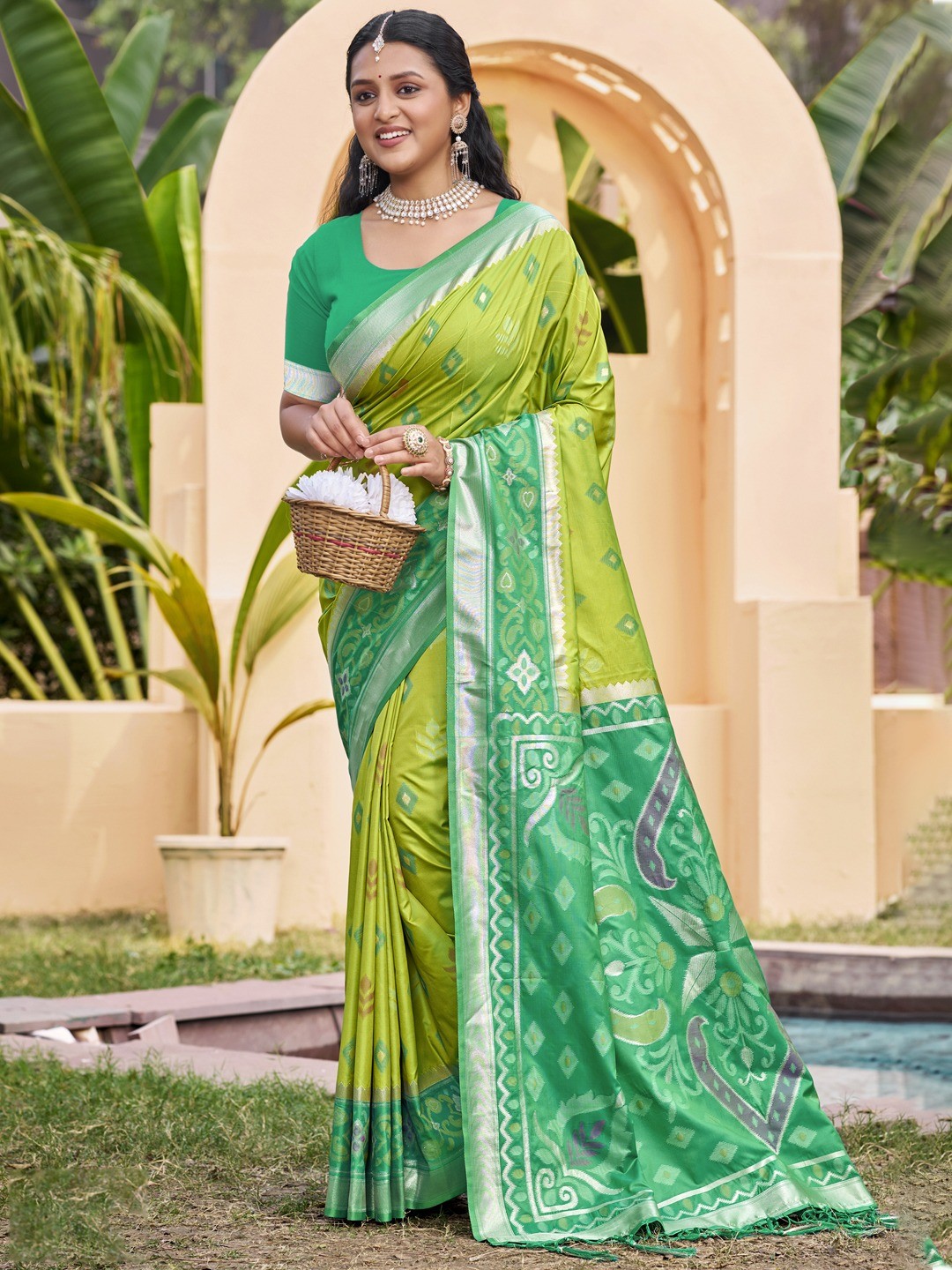 Light Green Silk Blend Saree Featuring Classic Ikkat Print and Intricate Woven Design Finish - Image 1
