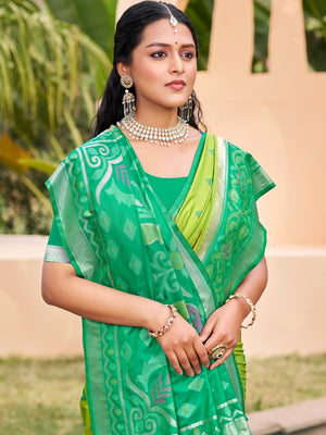 Light Green Silk Blend Saree Featuring Classic Ikkat Print and Intricate Woven Design Finish - Image 2