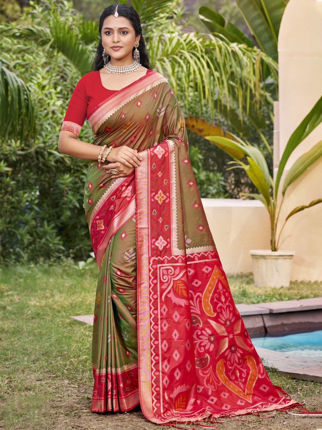 Mehendi Green Silk Blend Saree Featuring Classic Ikkat Print and Intricate Woven Design Finish - Image 1