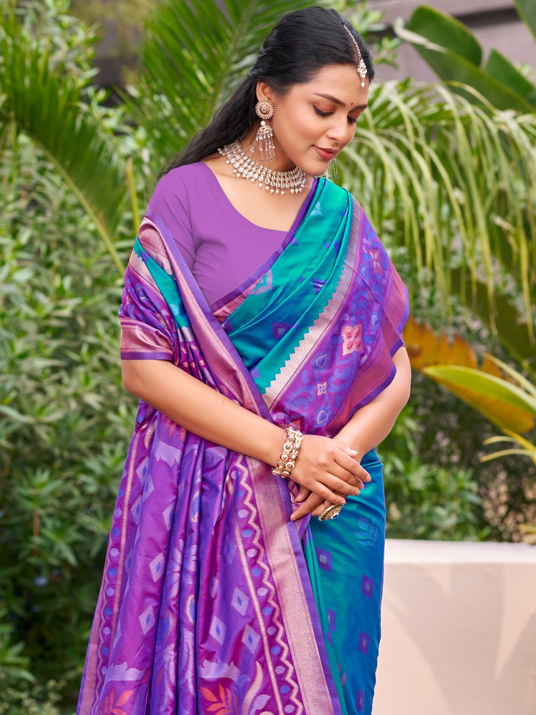 Rama Blue Silk Blend Saree Featuring Classic Ikkat Print and Intricate Woven Design Finish - Image 2