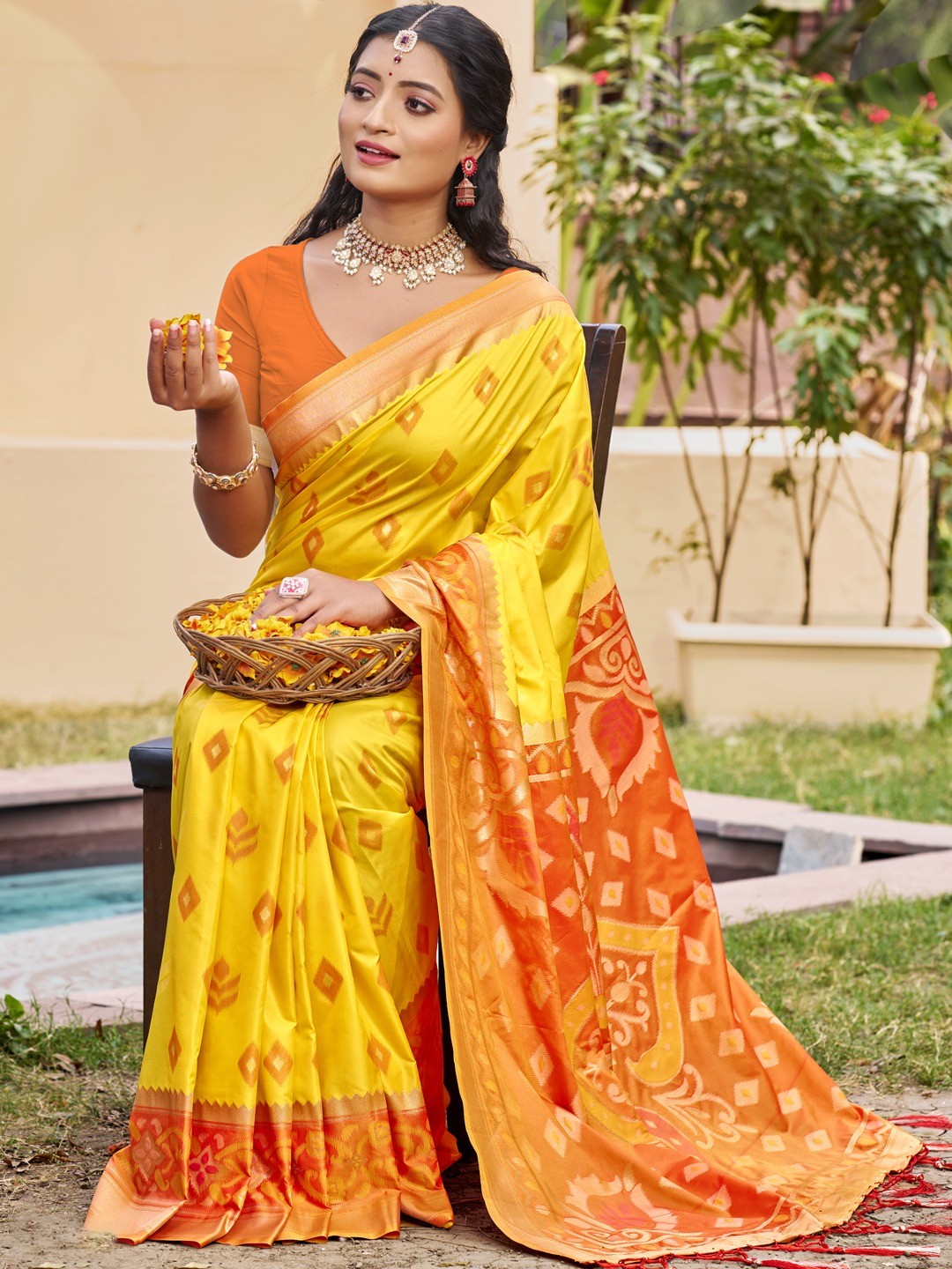 Yellow Silk Blend Saree Featuring Classic Ikkat Print and Intricate Woven Design Finish - Image 1