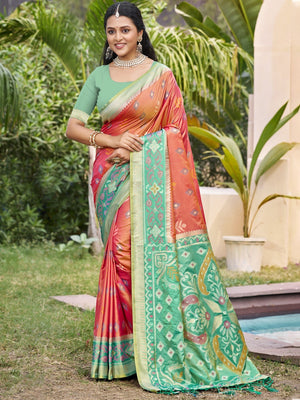 Peach Silk Blend Saree Featuring Classic Ikkat Print and Intricate Woven Design Finish - Image 1