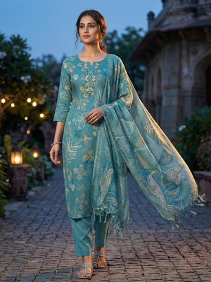 Elegant Blue Floral Print Viscose Salwar Suit with Yoke Embroidery - Image 1