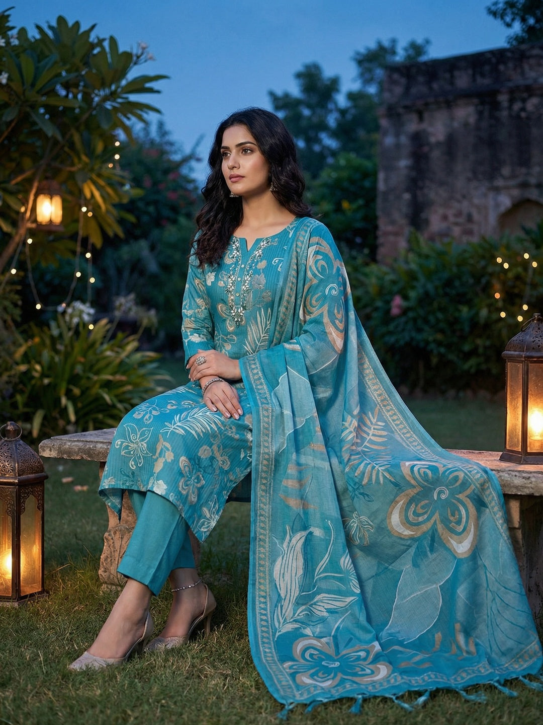 Elegant Blue Floral Print Viscose Salwar Suit with Yoke Embroidery - Image 5