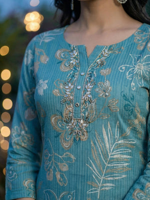 Elegant Blue Floral Print Viscose Salwar Suit with Yoke Embroidery - Image 2