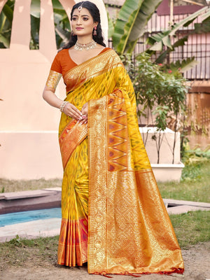 Elegant Yellow Ikkat Print Woven Silk Blend Saree with Golden Border - Image 1