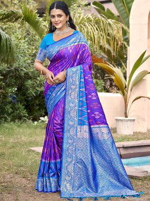 Elegant Purple Ikkat Print Woven Silk Blend Saree with Blue Border - Image 1