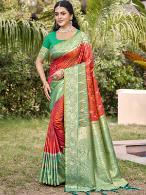 Elegant Peach Ikkat Print Woven Silk Blend Saree with Green Border - Image 1