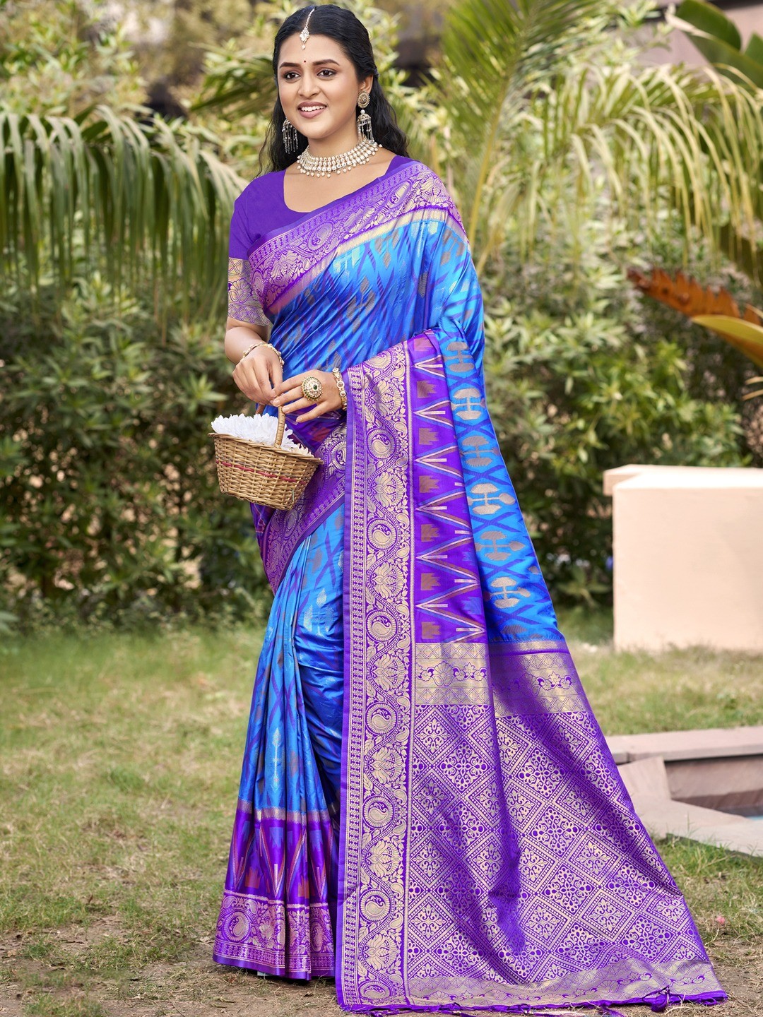 Elegant Sky Blue Ikkat Print Woven Silk Blend Saree with Purple Border - Image 1