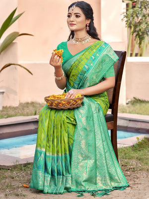 Elegant Light Green Ikkat Print Woven Silk Blend Saree with Green Border - Image 1