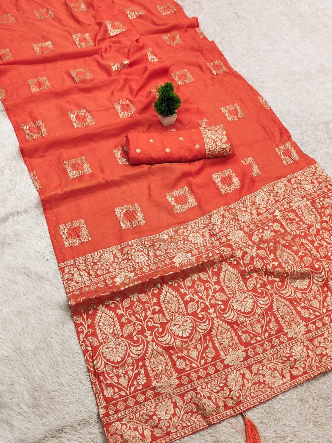 Elegant Orange Cotton Blend Saree Crafted With Rich Zari Weaving & Heritage Floral Design - Image 1