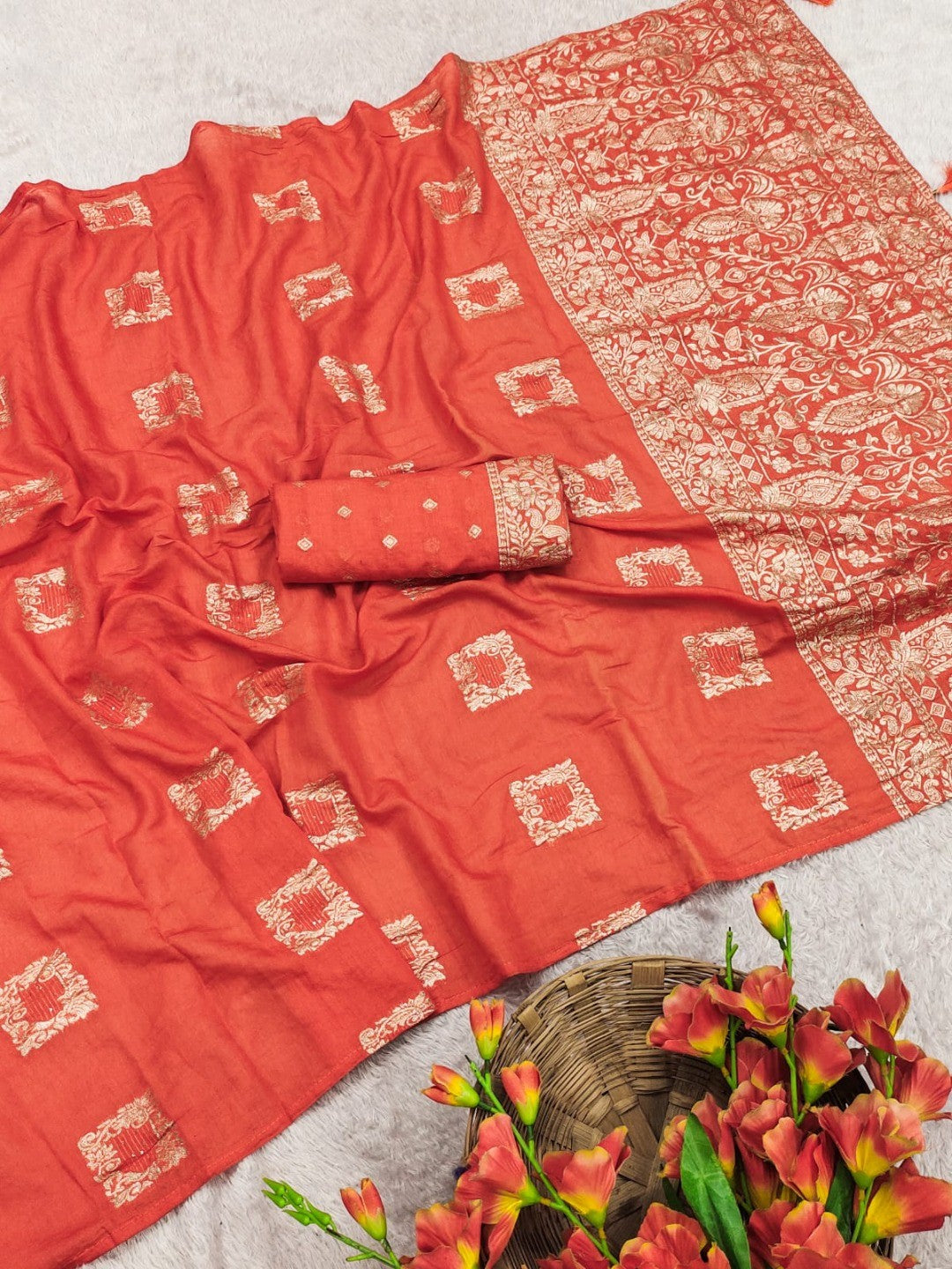 Elegant Orange Cotton Blend Saree Crafted With Rich Zari Weaving & Heritage Floral Design - Image 2