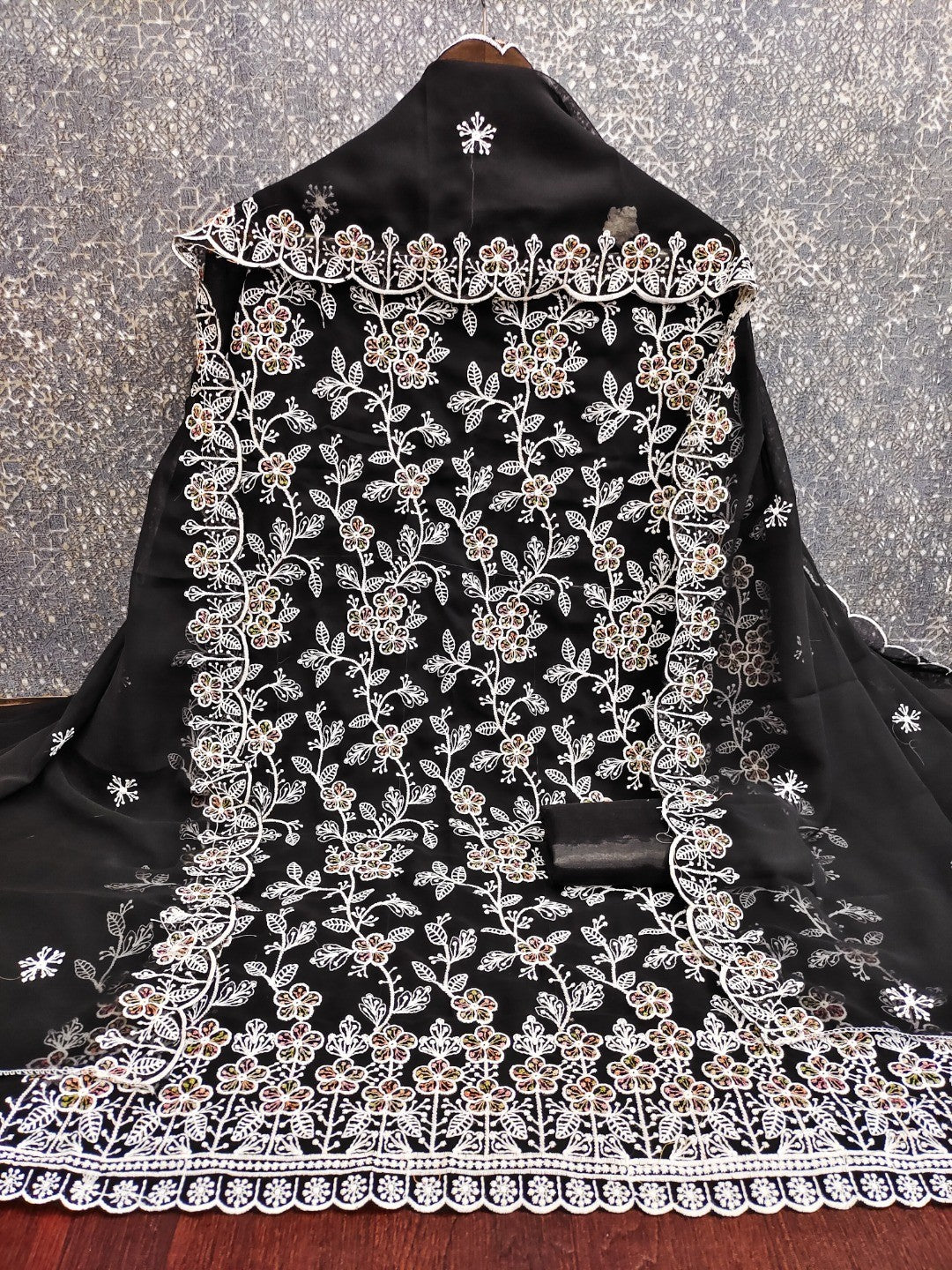 Classic Black Floral Thread Embroidery Georgette Dress Material For Timeless Ethnic Wear - Image 4