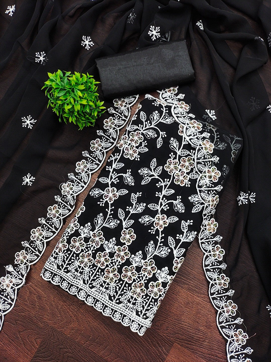 Classic Black Floral Thread Embroidery Georgette Dress Material For Timeless Ethnic Wear - Image 1