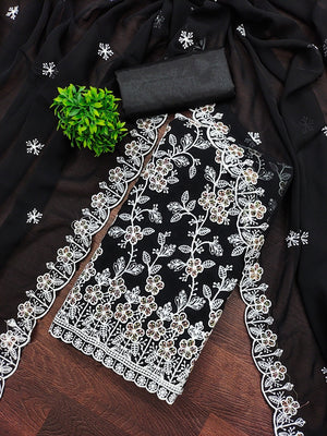 Classic Black Floral Thread Embroidery Georgette Dress Material For Timeless Ethnic Wear - Image 1