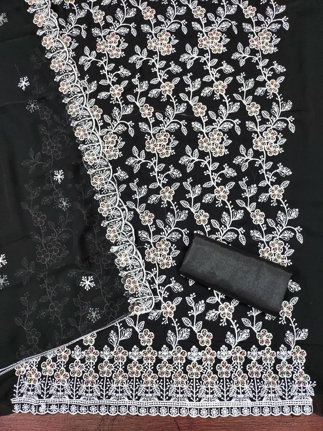 Classic Black Floral Thread Embroidery Georgette Dress Material For Timeless Ethnic Wear - Image 3