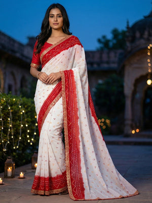 White & Red Georgette Saree Blended with Timeless Red Bandhani Traditional Print Design - Image 1