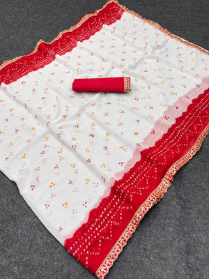White & Red Georgette Saree Blended with Timeless Red Bandhani Traditional Print Design - Image 2