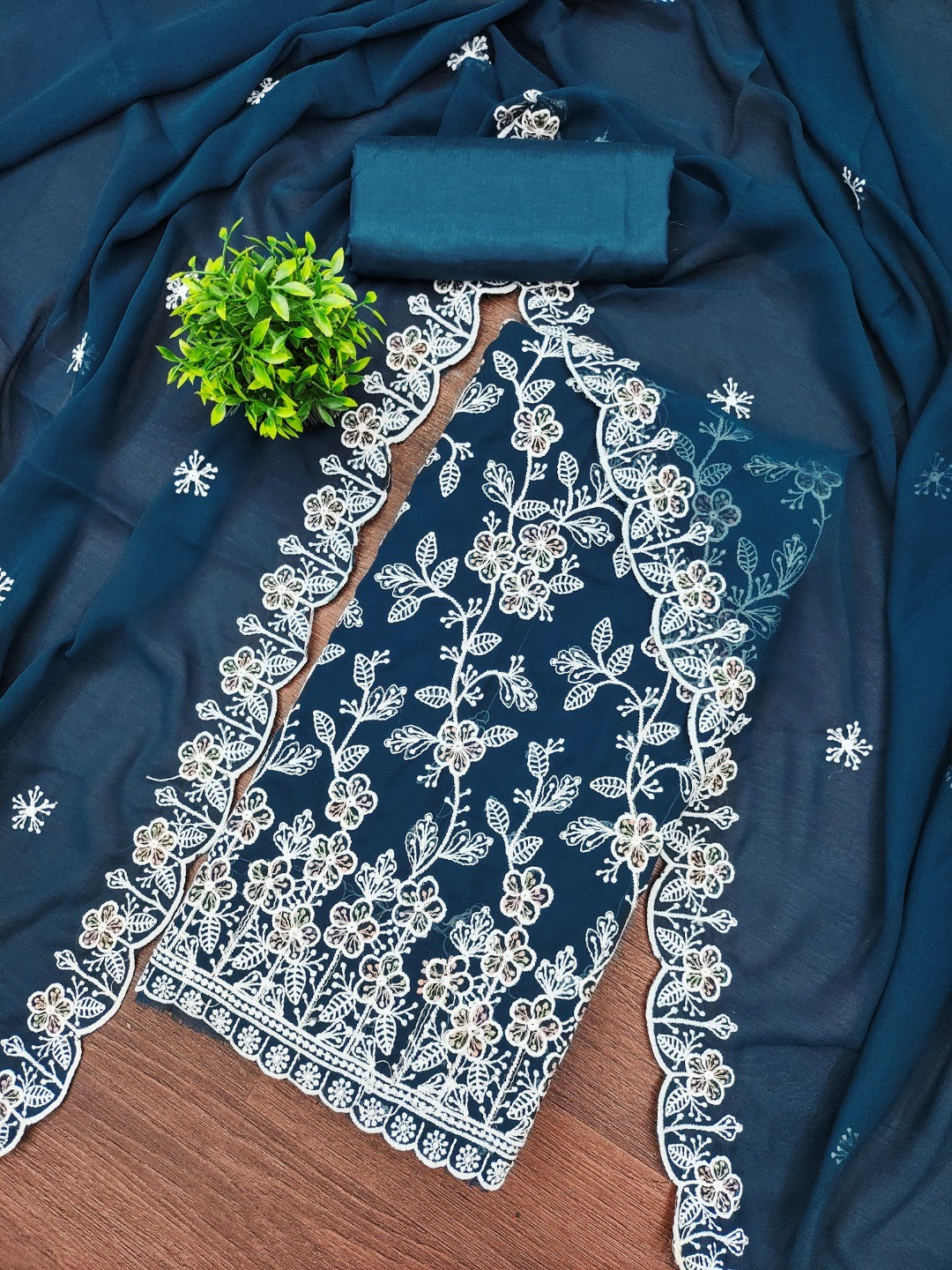Classic Morpich Blue Floral Thread Embroidery Georgette Dress Material For Timeless Ethnic Wear - Image 1