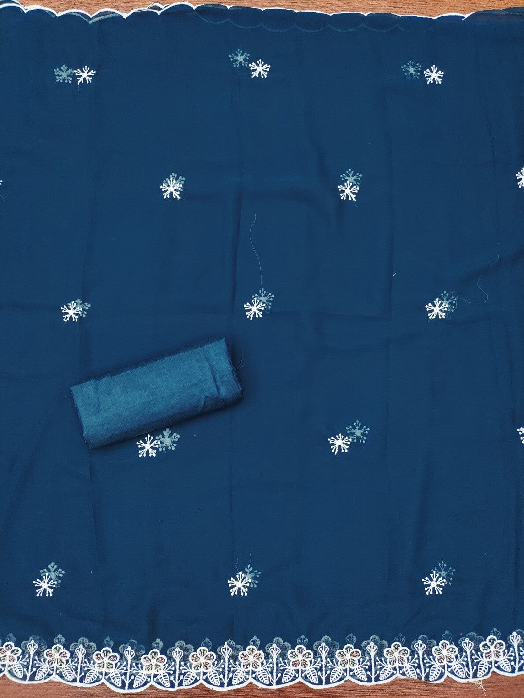 Classic Morpich Blue Floral Thread Embroidery Georgette Dress Material For Timeless Ethnic Wear - Image 4