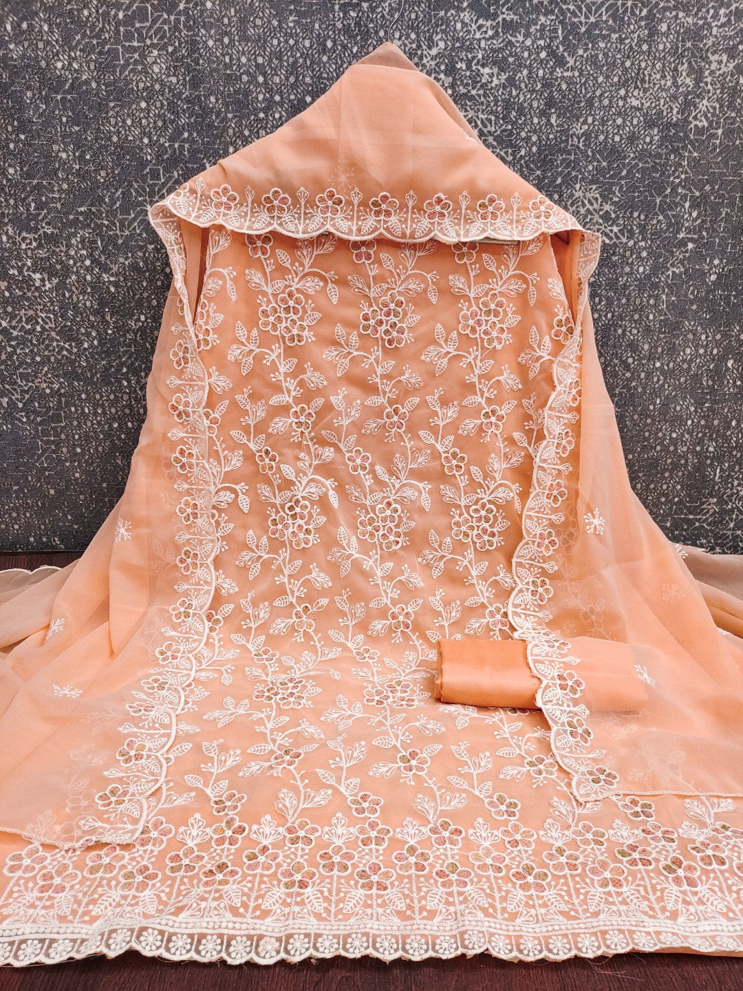 Classic Peach Floral Thread Embroidery Georgette Dress Material For Timeless Ethnic Wear - Image 3