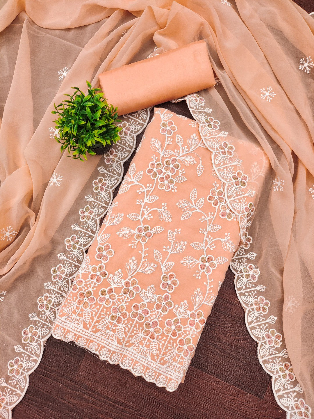 Classic Peach Floral Thread Embroidery Georgette Dress Material For Timeless Ethnic Wear - Image 1