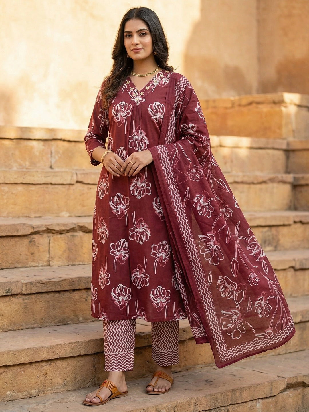 Maroon Floral Printed Pure Cotton Straight Fit Salwar Suit - Image 1