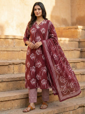 Maroon Floral Printed Pure Cotton Straight Fit Salwar Suit - Image 1