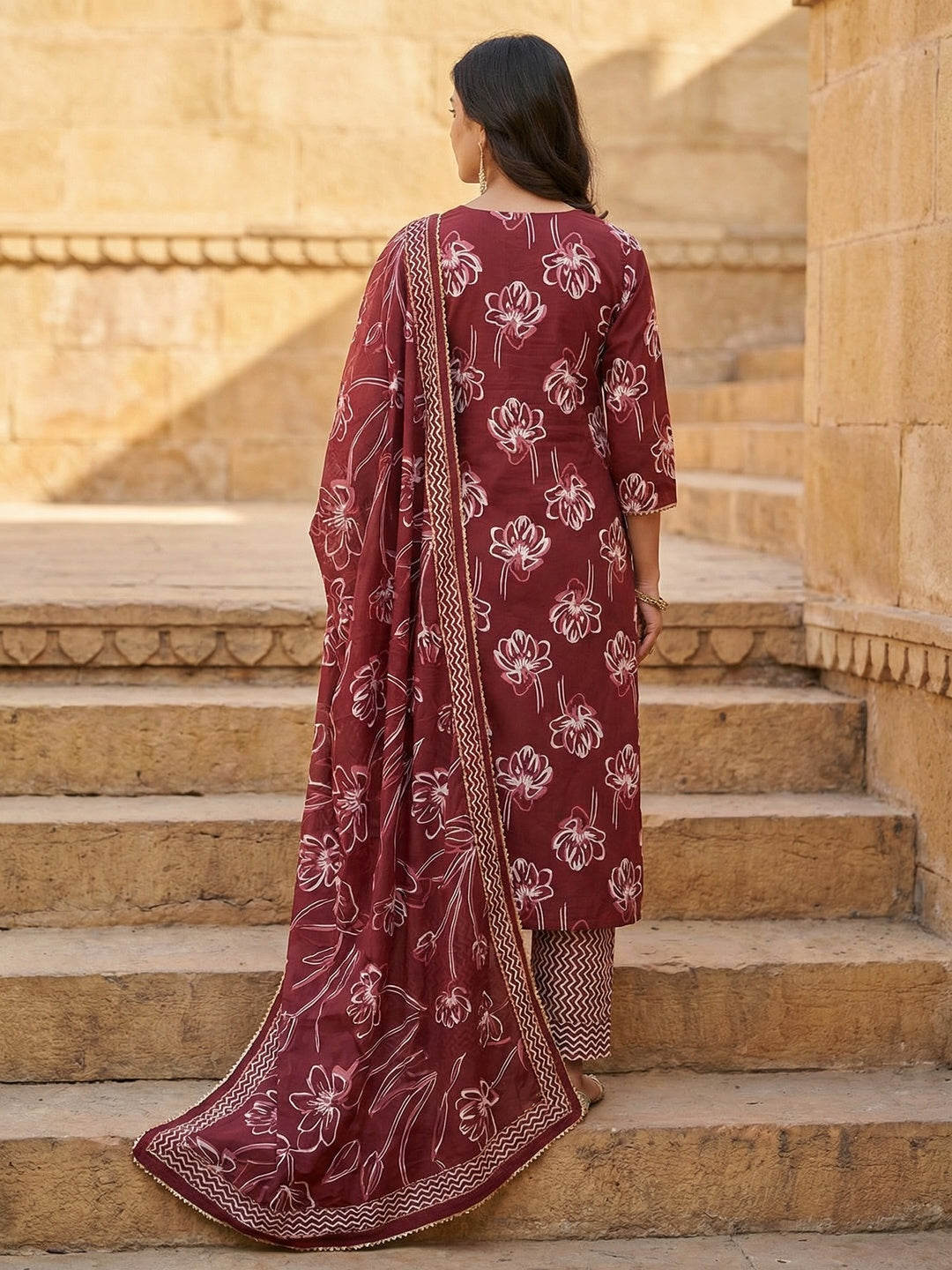 Maroon Floral Printed Pure Cotton Straight Fit Salwar Suit - Image 5