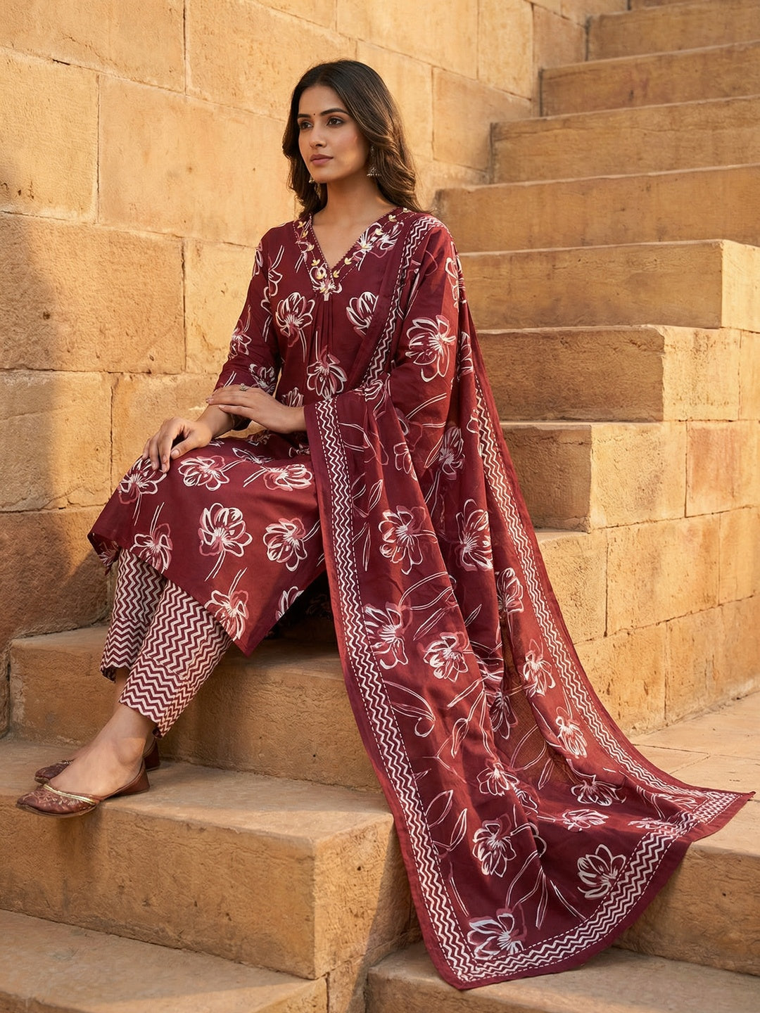 Maroon Floral Printed Pure Cotton Straight Fit Salwar Suit - Image 4