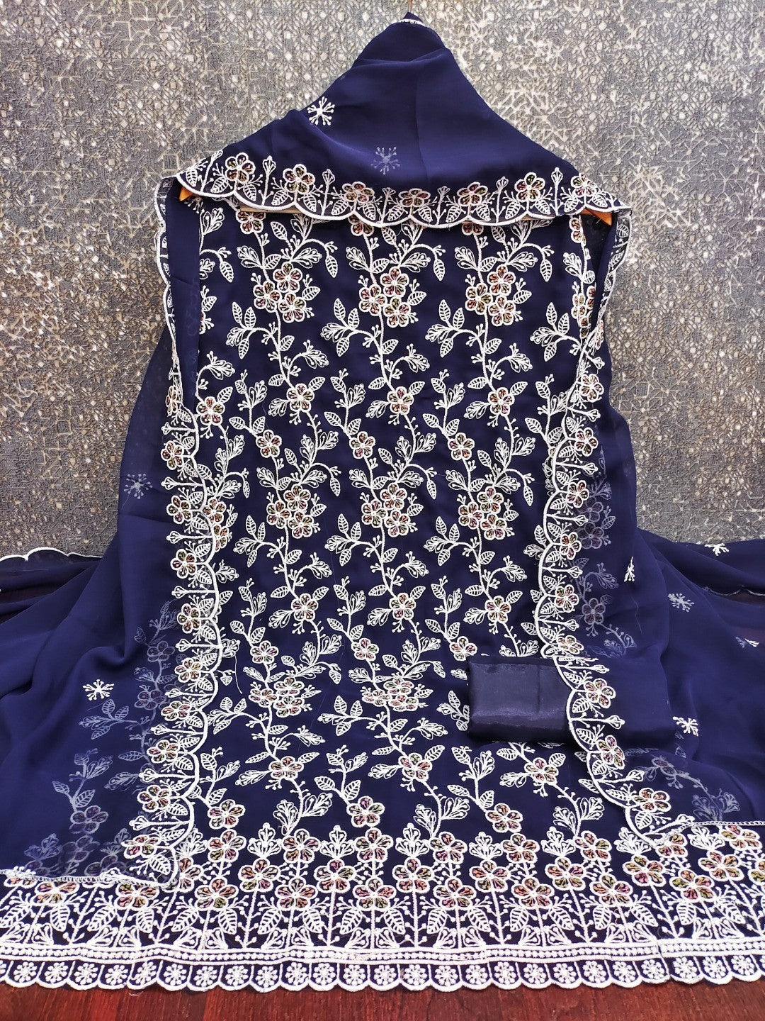 Classic Navy Blue Floral Thread Embroidery Georgette Dress Material For Timeless Ethnic Wear - Image 3