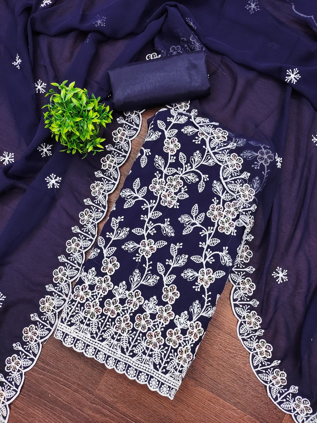 Classic Navy Blue Floral Thread Embroidery Georgette Dress Material For Timeless Ethnic Wear - Image 1